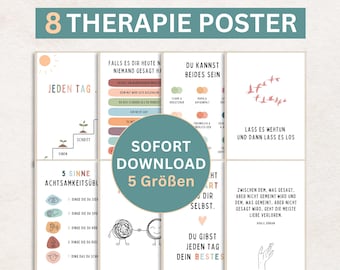 Conjunto de 8 carteles de terapia con imágenes digitales de descarga para salas de psicoterapia o asesoramiento psicológico, póster de salud mental.