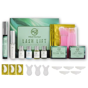 May include: A lash lift kit with a green and white box, four small bottles labeled "Perm", "Fixation", "Nutrition", and "Cleanse", a bottle of lash glue, a bottle of eyelash growth serum, three pairs of silicone lash pads, three pairs of gold-colored lash pads, a small box labeled "Clean Tool", a small box labeled "Lift Pads", and a pack of pink lash applicators.