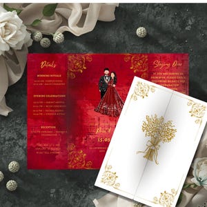 Puede incluir: Un conjunto de invitaciones de boda rojo y dorado con una ilustración de pareja. La invitación incluye detalles del evento y un diseño floral. El conjunto está decorado con detalles florales dorados e incluye una tarjeta separada con un ramo floral dorado.