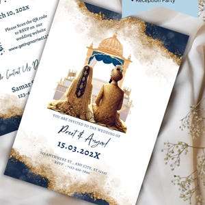 Könnte beinhalten: Eine Hochzeitseinladung mit goldenem und blauem Design. Die Einladung enthält ein Foto eines Paares in traditioneller indischer Hochzeitskleidung. Der Text auf der Einladung lautet "Sie sind eingeladen zur Hochzeit von Preet & Angad 15.03.202X".