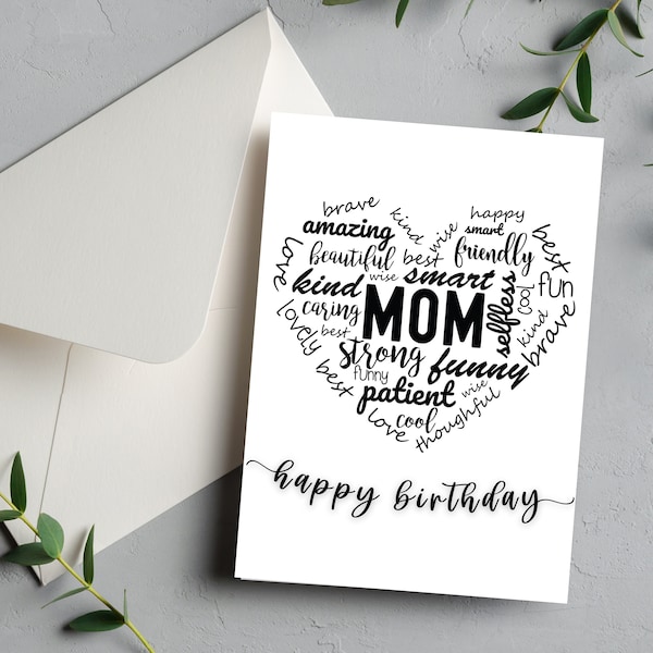 Printable Birthday Card for Mom, Happy Birthday Mom, Mom Birthday, Word Cloud, 5x7 Printable Card, Black and White Card