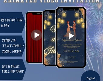 Könnte beinhalten: Animierte Videoeinladung auf drei Smartphones. Die Einladung zeigt ein Paar, goldene Akzente und den Text "Maanotta & Darsh". Zusätzlicher Text lautet "Bereit innerhalb eines Tages", "Senden per SMS/E-Mail/Social Media" und "Mit Musik Full HD 1080p."