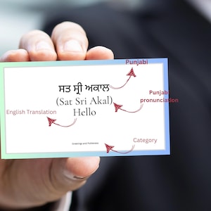 May include: A white card with the Punjabi phrase "Sat Sri Akal" written in black, meaning "Hello" in English. The card also includes the English translation of the phrase and the category "Greetings and Politeness".