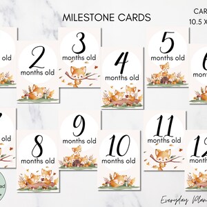 Bébés renards, animaux de la forêt, cartes jalons mensuels de bébé, cartes jalons de croissance de bébé, cartes du mois imprimables, cartes jalons avec accessoire photo