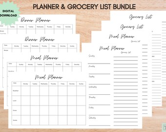 Weekly Meal Planner with Grocery List Printable, 7 Day Menu Plan, Food Planner, Health & Fitness, Meal Planner, Diet Planner, Bundle