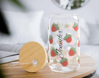 Strawberry Fields Forever Personalized Sipper Glass, 16oz - Custom Drinking Cup, Gift for Cocktail Lovers, Summer Picnic Tumbler, Reusable