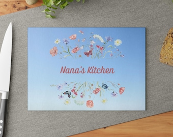 Nana's Kitchen Glass Cutting Board - Personalized Cooking Item, Custom Grandmother Gift, Family Cooking Decor, Glass Worktop Saver, Kitchen