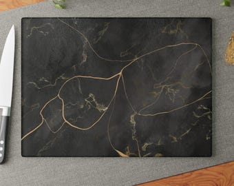 Elegant Glass Cutting Board, Black and Gold Kitchen Decor, Modern Serving Tray, Stylish Cheese Board, Housewarming Gift, Unique Hostess