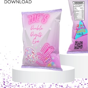 May include: A printable digital template for a chip bag party favor. The bag is pink and purple with a disco ball and the text "Zoe's Double Digits Era".
