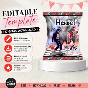 May include: An editable digital chip bag template featuring a disco-themed design with a person dancing on a checkered floor, a microphone stand, musical notes, and a red star with the number 8. The text reads Hazel is turning 8.