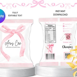 Bolsa de chips coquete editável para negócios - Bolsa de chips com laço coquete rosa elegante digital - Bolsa de chips minimalista para meninas, bolsa de chips de aniversário, lembrancinha - fita rosa