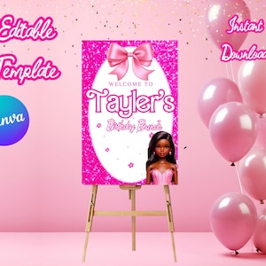 Letrero de bienvenida editable, Vamos a la fiesta, Muñeca, Invitación, Plantilla editable, Descarga digital, Póster rosa