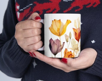 Tulip Ceramic Coffee Mug 11oz, Watercolor Coffee Mug, Personalized Coffee Mug