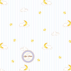 May include: A white fabric pattern featuring thin vertical light blue stripes, yellow crescent moons, white clouds, and yellow stars. A circular logo with a scalloped edge and the text Azul Palido is centered near the bottom of the design.