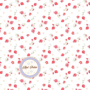 May include: A white background with a repeating pattern of red pomegranates and small red flowers. The pomegranates are on green stems. A blue and gold label with the text "Raul Patido" is in the lower right corner.
