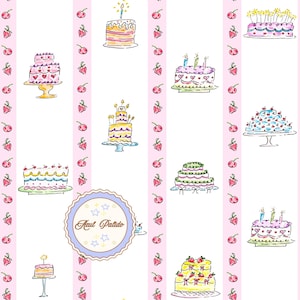 May include: A repeating pattern featuring hand-drawn cakes with candles, cherries, and strawberries on a white background. Pink vertical stripes separate the cake illustrations. A circular emblem with the text "Raul Patido" is also present.