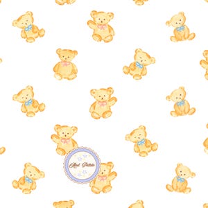 May include: A repeating pattern of watercolour-style light brown teddy bears on a white background. Each bear features a small pink or blue bow around its neck. A circular logo with a scalloped edge contains the text Azul Palido and small stars.