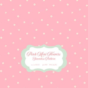 Könnte beinhalten: Ein nahtloses Muster mit kleinen weißen Blumen auf hellrosa Hintergrund. Das Design enthält ein dekoratives Etikett mit dem Text "Pink Mini Flowers Seamless Pattern".