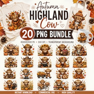 Può includere: Un pacchetto digitale di 20 file PNG con illustrazioni di mucche Highland in ambientazioni autunnali con zucche, girasoli e fogliame, mostrati su una maglietta, una borsa e una tazza con il testo Autumn HIGHLAND Cow 20 PNG BUNDLE.