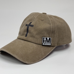 Taupe Christian Dad Hat – Minimalist Cross Hat with Blessed Patch, Christian Baseball Cap, Faith Apparel Gift, Religious Streetwear Unisex