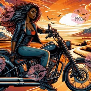 Boho Motorrad Reise Tumbler Wrap | Afroamerikanische Bikerin 20 Unzen Becher Design | Sonnenuntergang Karte Hintergrund PNG für Sublimation