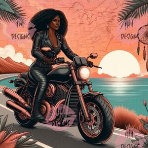 Boho Motorrad Reise Tumbler Wrap | Afroamerikanische Bikerin 20 Unzen Becher Design | Sonnenuntergang Karte Hintergrund PNG für Sublimation