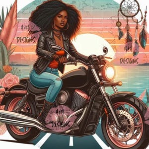 Boho Motorrad Reise Tumbler Wrap | Afroamerikanische Bikerin 20 Unzen Becher Design | Sonnenuntergang Karte Hintergrund PNG für Sublimation