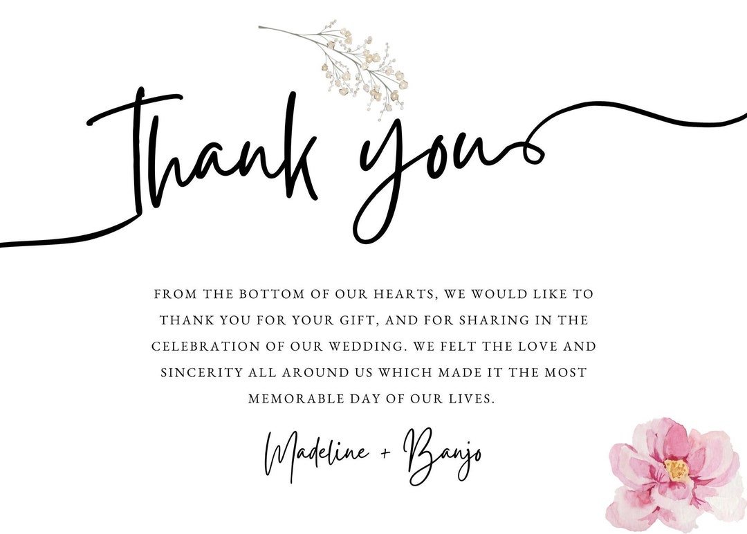 Flowers Wedding Thank You Card Template Flowers Thank You Card Wedding ...