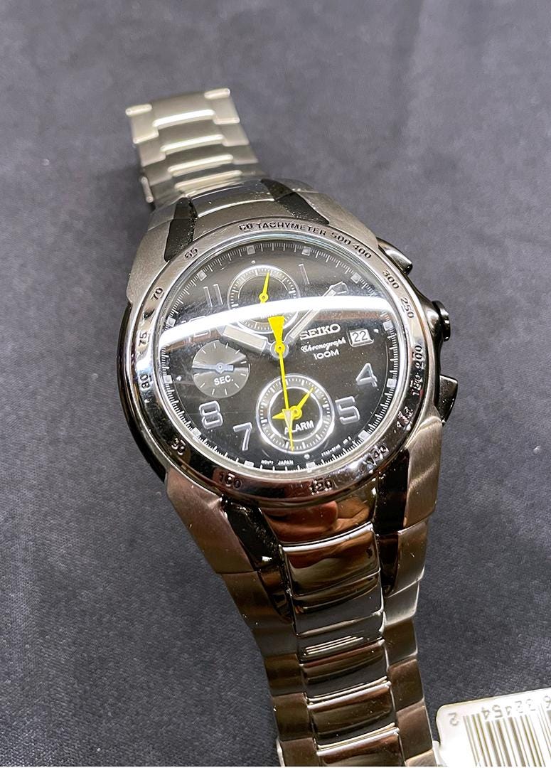 Brand New Seiko SNA473 Men's Black Dial Two Tone Steel Chronograph