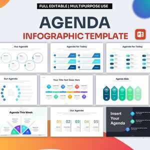 Könnte beinhalten: Eine digitale Infografik-Vorlage mit dem Titel "AGENDA" in großen, fetten Buchstaben. Die Vorlage enthält verschiedene Folien mit blau-weißen Designs, Diagrammen und Textfeldern zur Datenpräsentation. Der Satz "FULL EDITABLE | MULTIPURPOSE USE" steht oben.