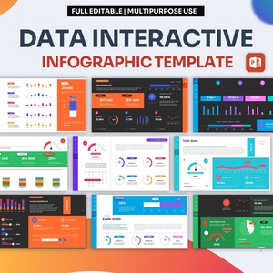 Könnte beinhalten: Eine farbenfrohe Infografik-Vorlage mit Datenvisualisierungen, Diagrammen und Grafiken. Die Vorlage enthält eine Vielzahl von Datenpunkten, wie z. B. Umsatz, Ertrag und Kundenzufriedenheit. Die Vorlage ist interaktiv und ansprechend gestaltet und kann verwendet werden, um Daten klar und prägnant darzustellen.