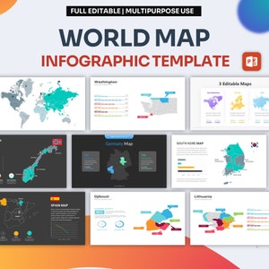 May include: A world map infographic template with editable maps of Washington, Germany, Djibouti, Spain, South Korea, and Lithuania. The template includes a variety of data visualizations, such as bar charts, line graphs, and pie charts.