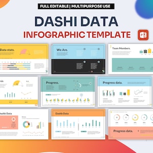 Könnte beinhalten: Eine farbenfrohe Infografik-Vorlage mit dem Titel "Dashi Data Infographic Template" in einem gelben und orangenen Farbschema. Die Vorlage enthält verschiedene Diagramme und Grafiken, wie z. B. Kreisdiagramme, Balkendiagramme und Liniendiagramme. Die Vorlage ist für die Datenvisualisierung und Präsentation konzipiert.