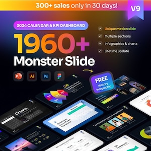Puede incluir: Una presentación de diapositivas colorida con más de 1960 diapositivas, que incluye un calendario, gráficos e infografías. La presentación de diapositivas está diseñada para su uso con PowerPoint, Illustrator, Photoshop y Figma. El texto "FREE Vectory Infographic" también es visible en la diapositiva.