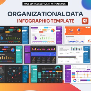 May include: A collection of organizational data infographic templates. The templates feature various charts, graphs, and data visualizations in a range of colors, including blue, green, purple, and orange. Text includes "Organizational Data" and "Infographic Template".