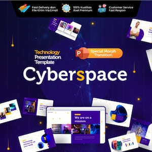 May include: A PowerPoint presentation template with a blue and purple colour scheme. The template is titled "Cyberspace" and features a futuristic design with a variety of graphics and text. The text "We are on a mission" is visible on one of the slides.