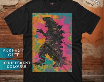 T-shirt graphique Neon Horizon Godzilla, t-shirt Godzilla coloré, t-shirt rétro Kaiju, vêtements de monstre japonais, streetwear urbain, t-shirt graphique audacieux