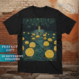 Puede incluir: Camiseta negra con una ilustración surrealista de una persona caminando por el agua con cítricos amarillos flotantes. La imagen incluye el texto "PERFECT GIFT" y "10 DIFFERENT COLOURS". La camiseta también tiene una etiqueta "HIGH QUALITY FABRIC".