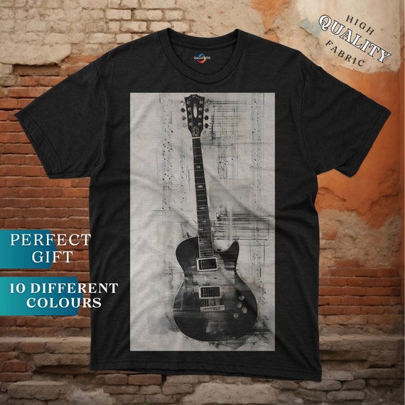 Camiseta de Guitarra Eléctrica, Diseño Artístico en Blanco y Negro