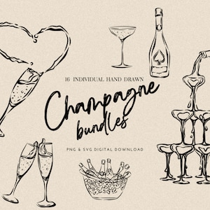 Paquete de imágenes prediseñadas de champán dibujadas a mano para celebración de bodas Torre de copas de champán Conjunto de ilustraciones elegantes para bodas Brindis con champán