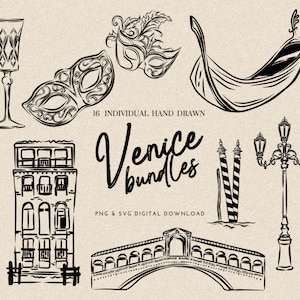 Paquete de imágenes prediseñadas de ilustración de Italia, conjunto de vectores de Venecia para viajes de vacaciones a Europa, imágenes prediseñadas de ilustración para turismo