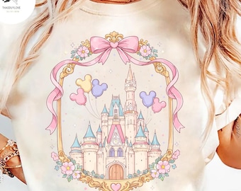 Retro Disney Castle Bow Shirt Cute Coquette Mickey Balloon Tee, Pastel Magic Kingdom Shirt, Disney Trip Tee, Disney Family Vacation Trip Tee