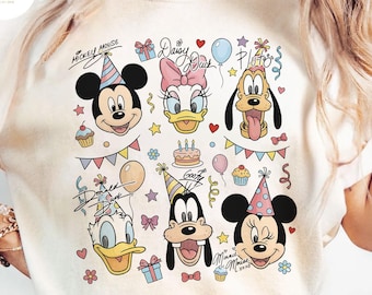 Retro Mickey & Friends Signature Birthday Shirt, Disney Mickey Minnie Donald Pluto Birthday Present Gift Tee, WDW Disneyland Family Trip Tee