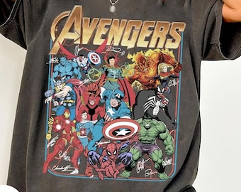 Retro Avengers Disney Marvel Shirt, Spiderman Hulk Iron Man Signature Birthday Boy Birthday Girl, Superhero Marvel Family Group Matching Tee