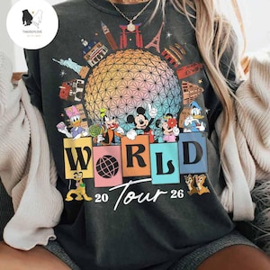 Vintage Mickey and Friends Disney Epcot Shirt, Disney Epcot World Tour 1982, WDW Disneyland Family Vacation 2026, Drinking around the World image 1