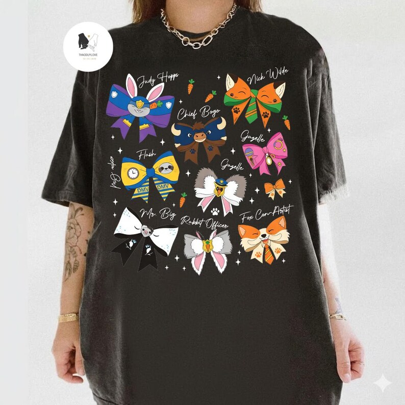 Camiseta Coquette Bows Disney Zootopia Characters Signatures, Camiseta a juego para la familia Disneyland, Zootropolis Judy Hopps Nick Gary Nibbles Bogo imagen 2