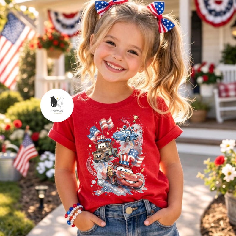 Op de afbeelding: Een rood T-shirt met korte mouwen en een grafische print van twee cartoonraceauto's, een rode en een bruine, met patriottische hoge hoeden, omringd door illustraties van Amerikaanse vlaggen, sterren en spatten van blauwe en witte verf.