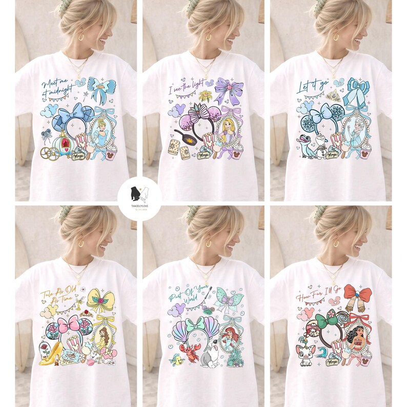 May include: White t-shirts with colorful graphic designs. Each shirt features a different design with cartoon characters, bows, and text. The text includes phrases like "Meet me at midnight" and "Let it go".