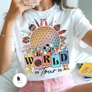 Vintage Mickey and Friends Disney Epcot Shirt, Disney Epcot World Tour 1982, WDW Disneyland Family Vacation 2026, Drinking around the World image 7