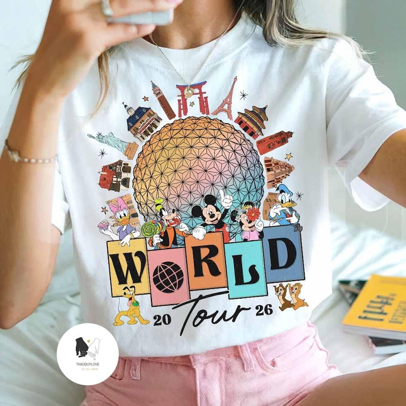 Vintage Mickey and Friends Disney Epcot Shirt, Disney Epcot World Tour 1982, WDW Disneyland Family Vacation 2026, Drinking around the World image 7